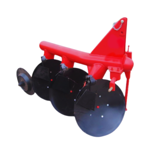 An agricultural implement consisting of three disc ploughs attached to a frame.