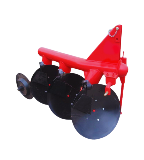 An agricultural implement consisting of three disc ploughs attached to a frame.