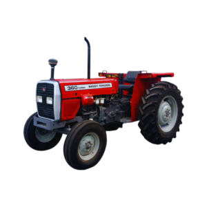 A Massey Ferguson Tractor MF360 parked in a field with a clear blue sky in the background.