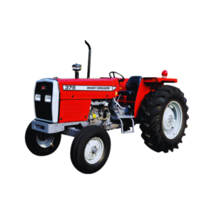 A Massey Ferguson Tractor MF375 in a field, with a blue sky overhead.