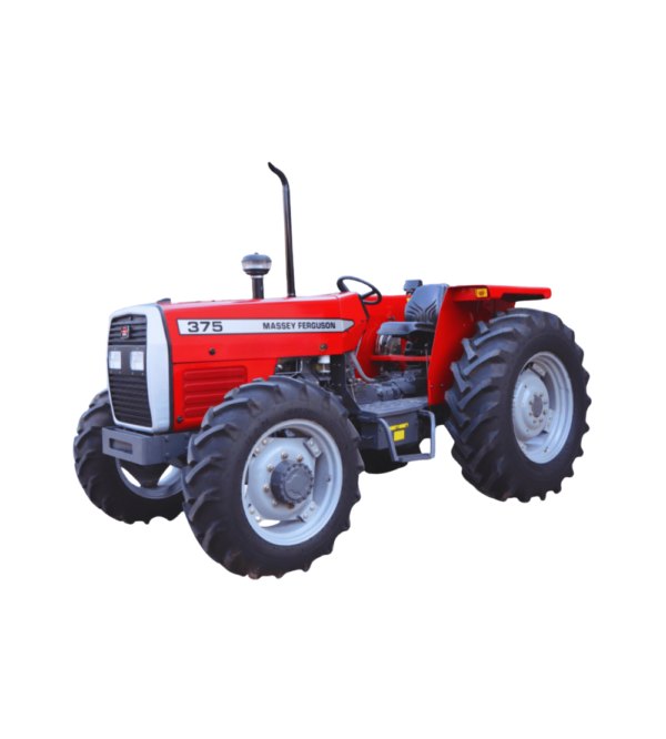 A Massey Ferguson Tractor MF375 4WD, standing in a field with a clear blue sky in the background.