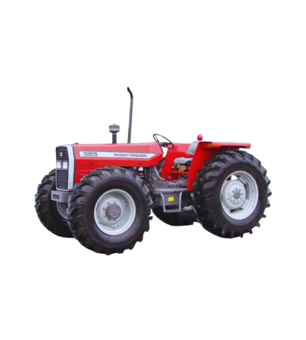 A Massey Ferguson Tractor MF385 4WD standing in a field, with a blue sky in the background.