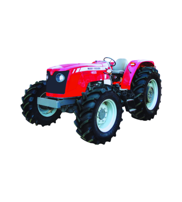 A red Massey Ferguson tractor with the model name MF455 Xtra standing in a field.