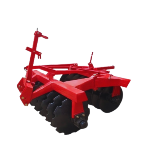 A close-up image of a disc harrow with 14 discs, used in the agricultural services industry for soil cultivation.