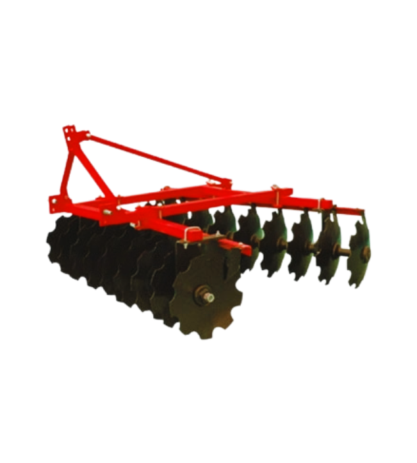 A close-up image of an agricultural disc harrow with 18 discs attached, ready for use in the agricultural services industry.